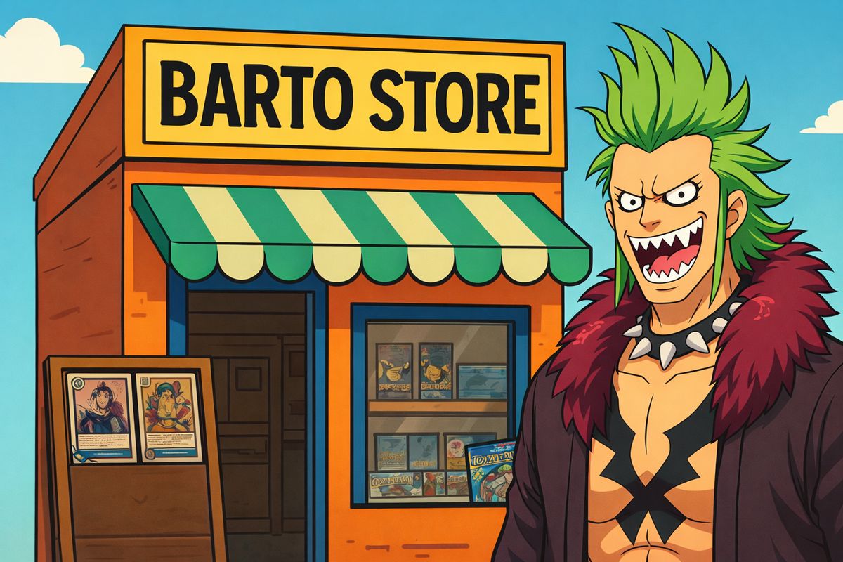 Ilustración de la fachada de Barto Store con su mascota delante de la tienda